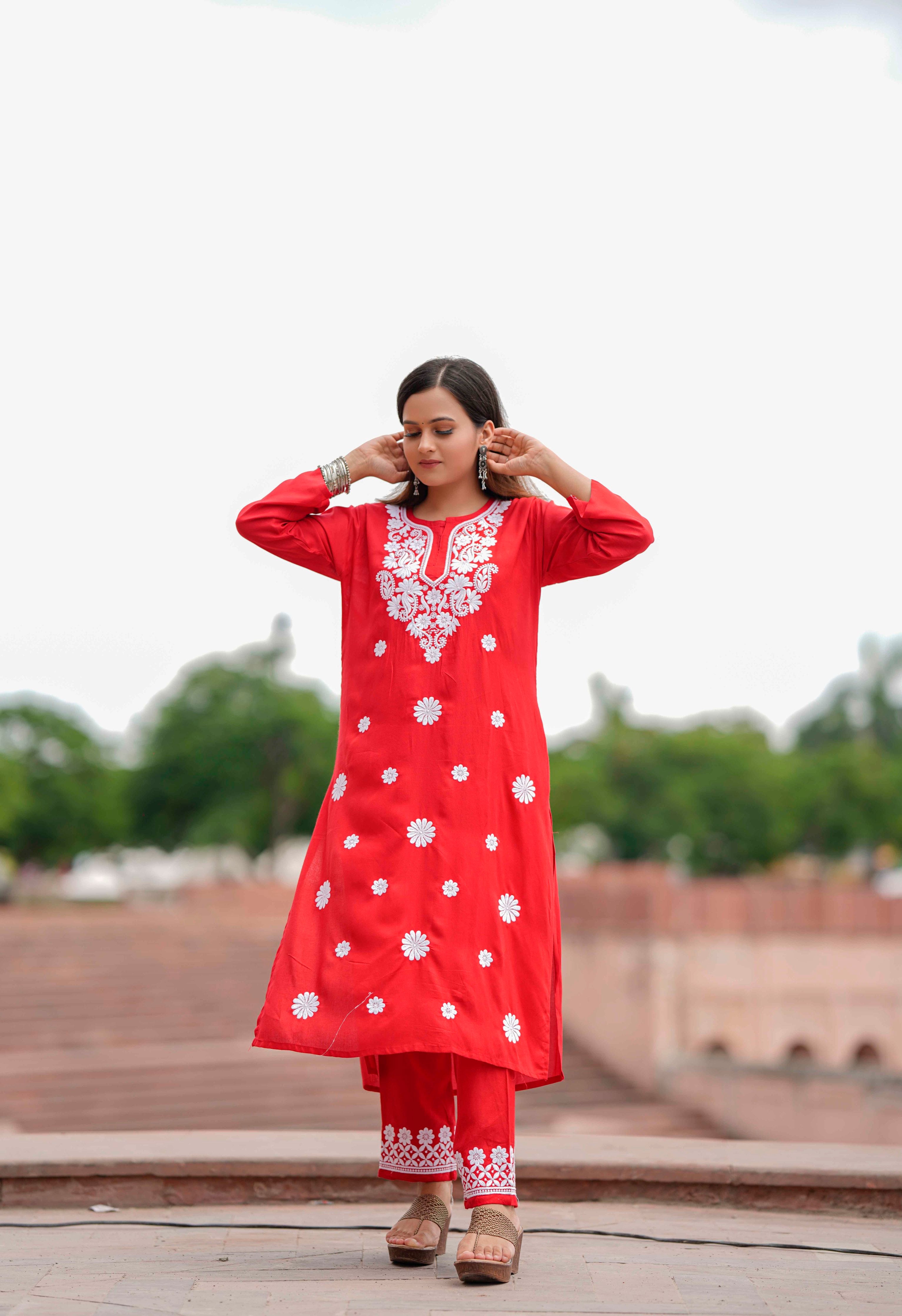 RUBY RED CHIKANKARI MODAL CO-ORD SET