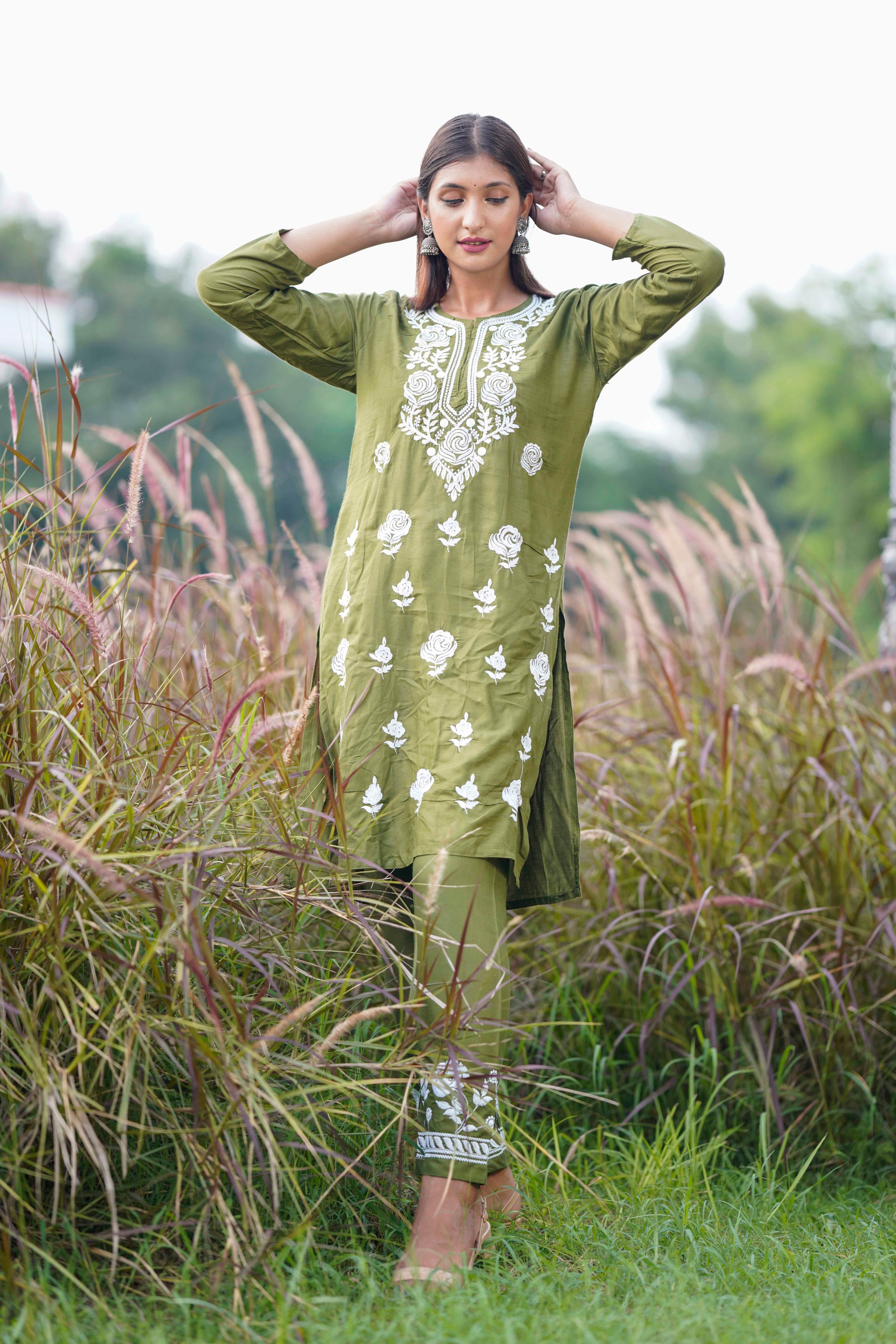 OLIVE GREEN CHIKANKARI CO-ORD SET