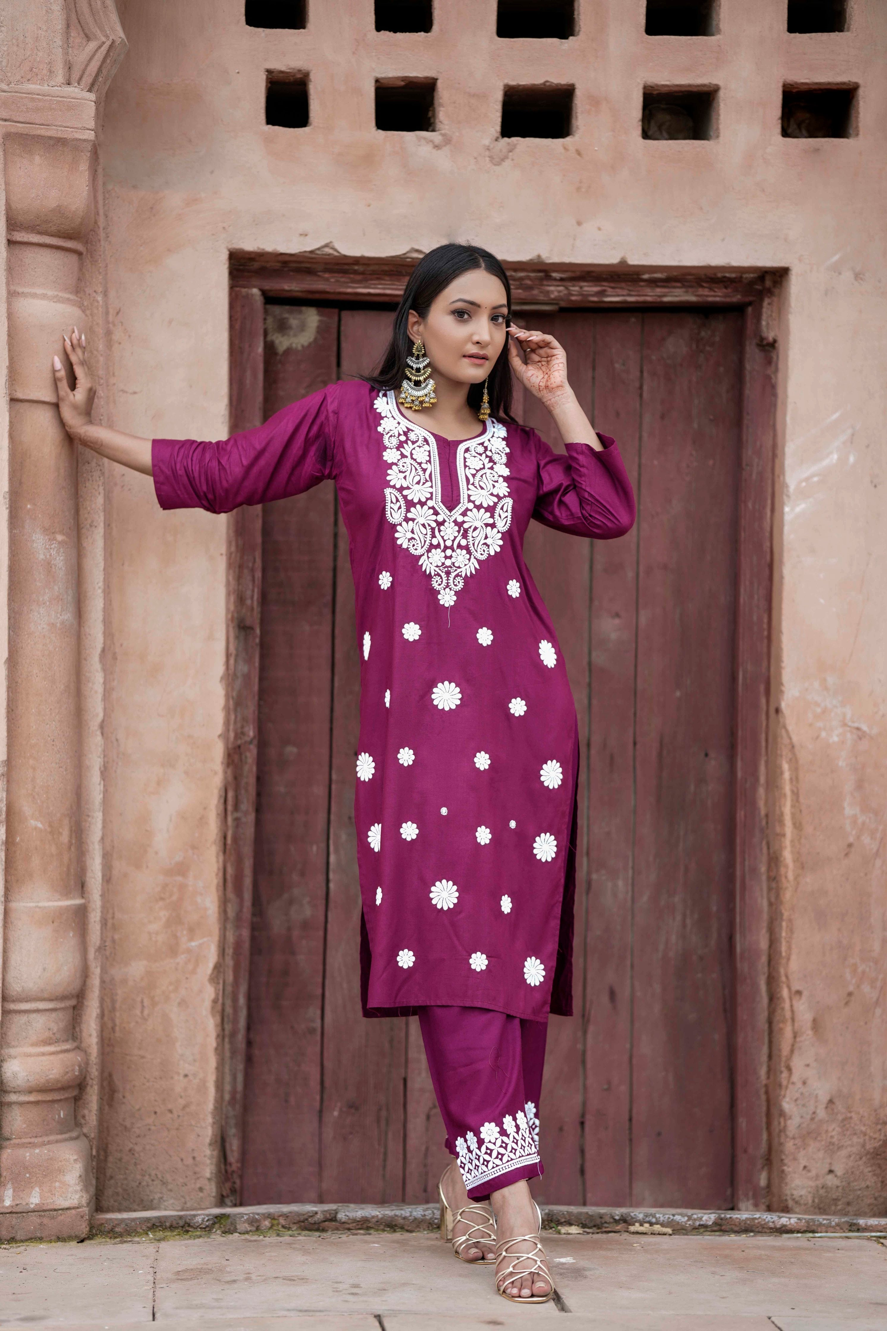 LAVENDER MODAL CHIKANKARI CO-ORD SET