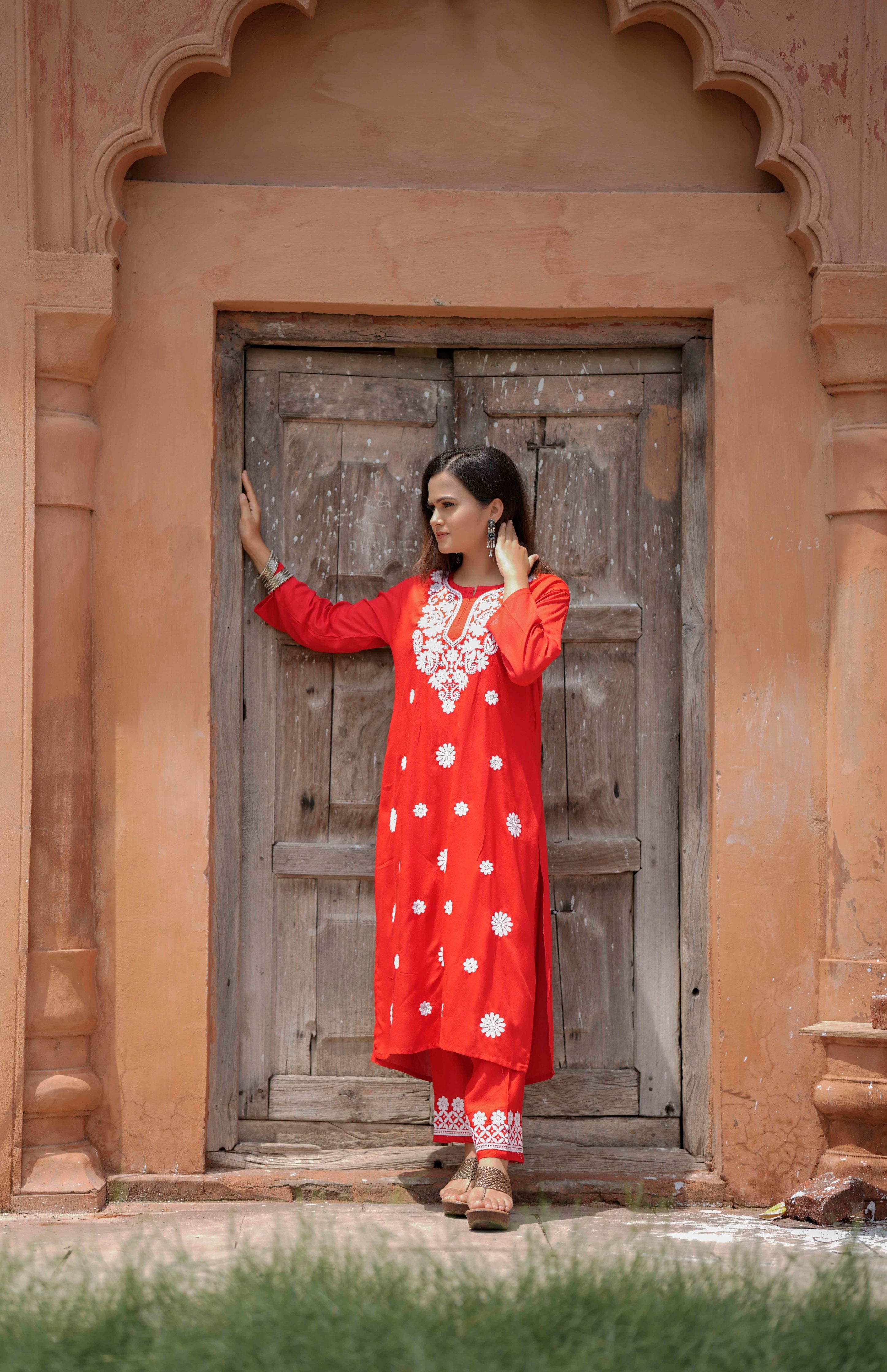 RUBY RED CHIKANKARI MODAL CO-ORD SET