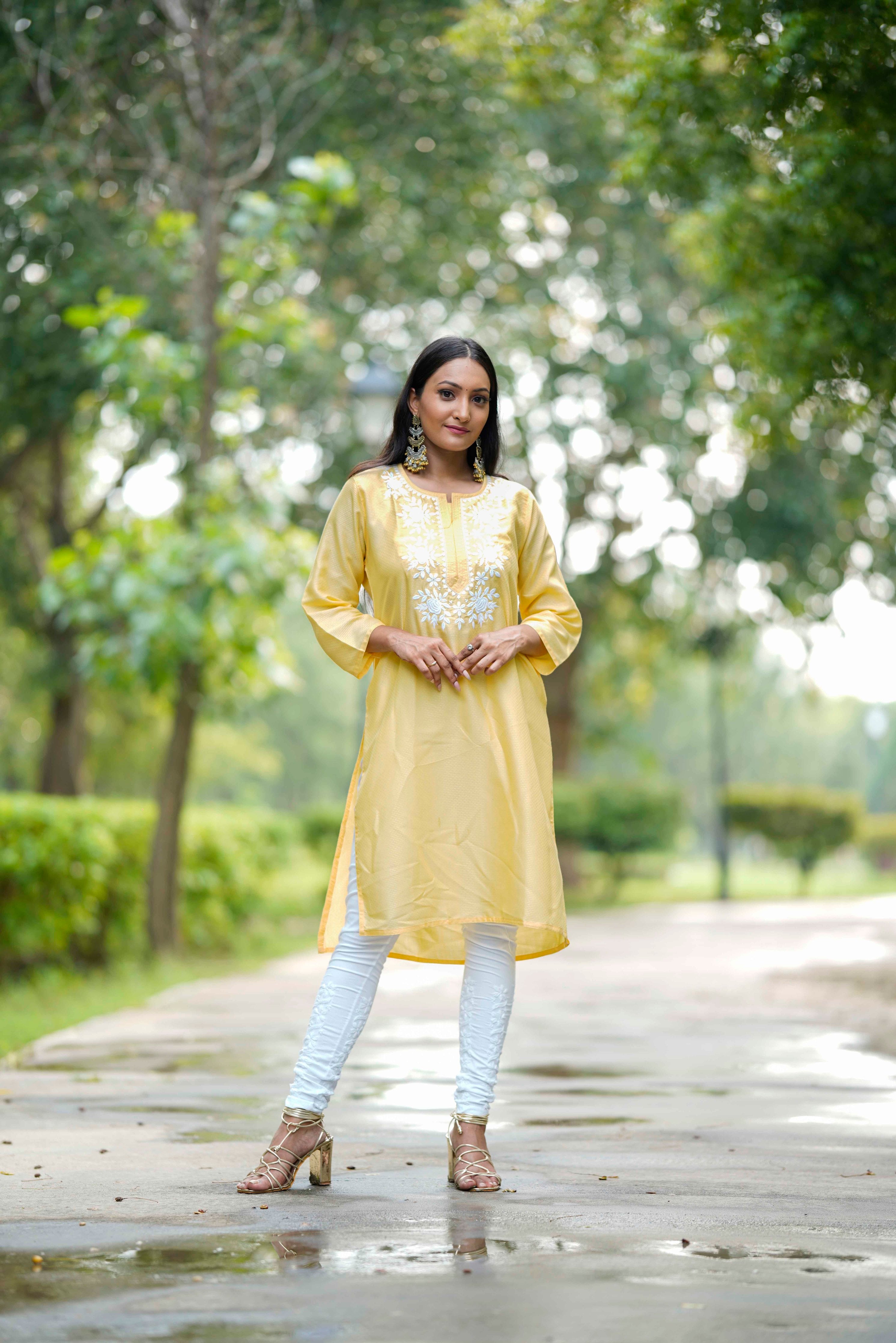 PASTEL YELLOW RAYON PURE COTTON KURTI