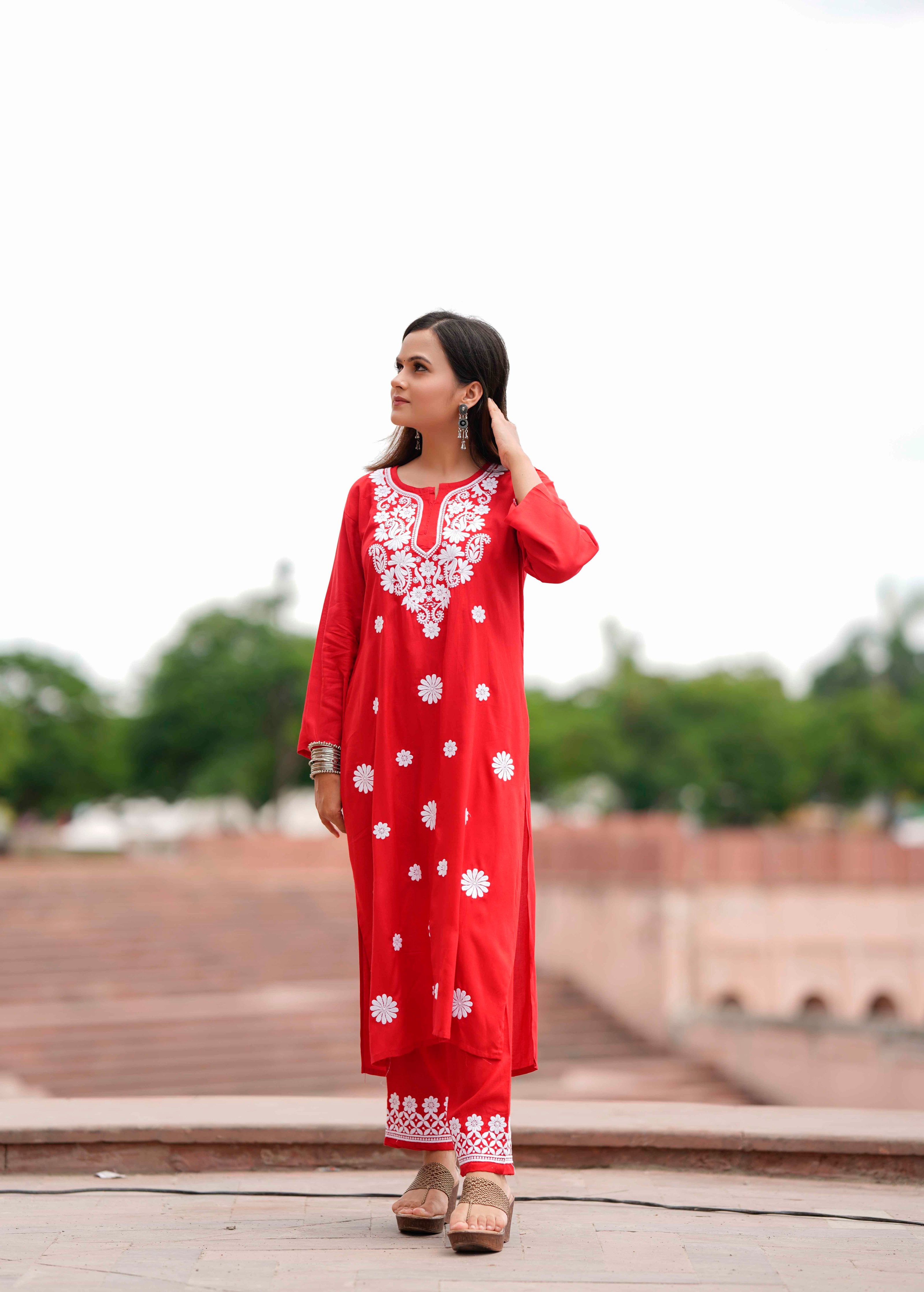 RUBY RED CHIKANKARI MODAL CO-ORD SET