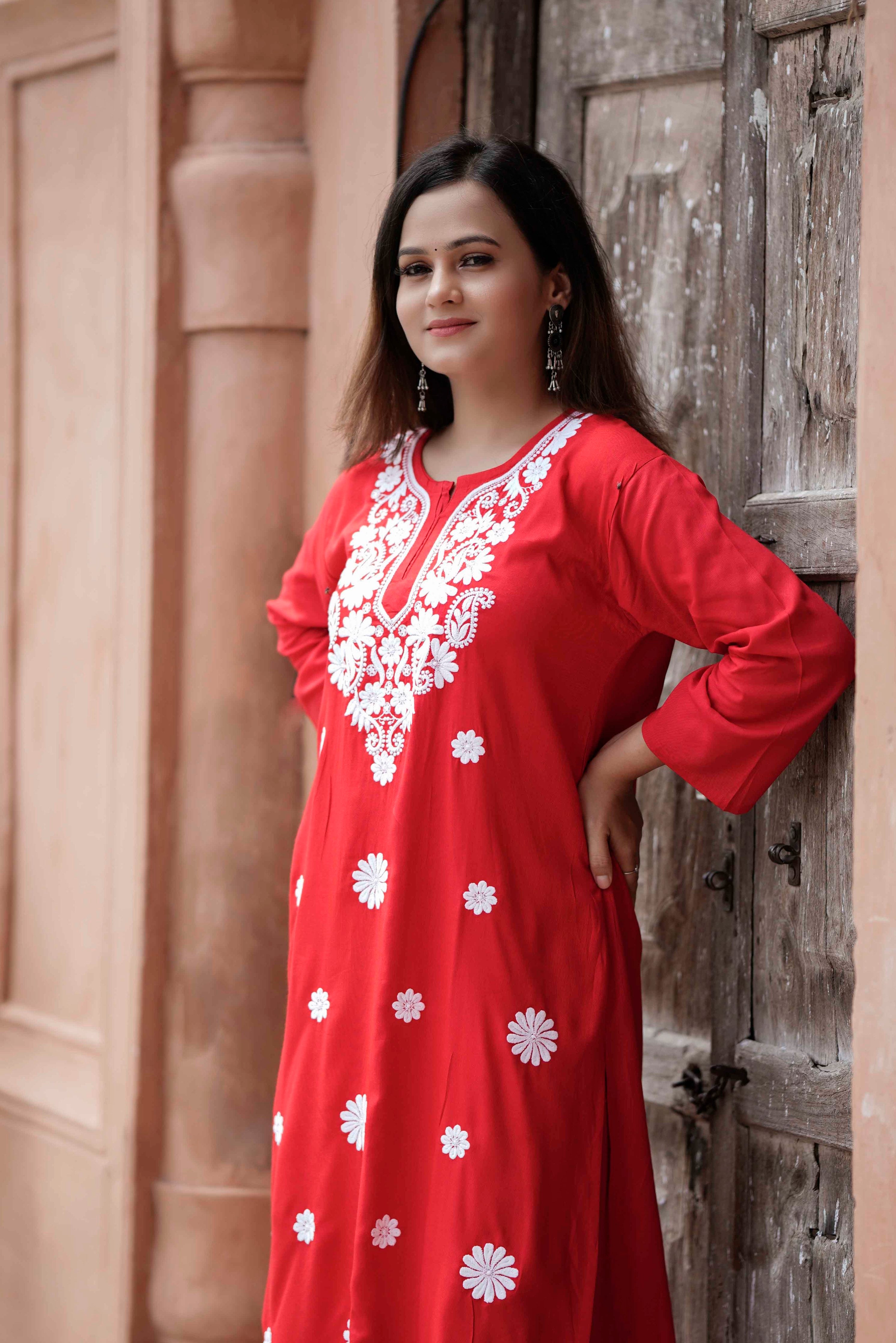 RUBY RED CHIKANKARI MODAL CO-ORD SET