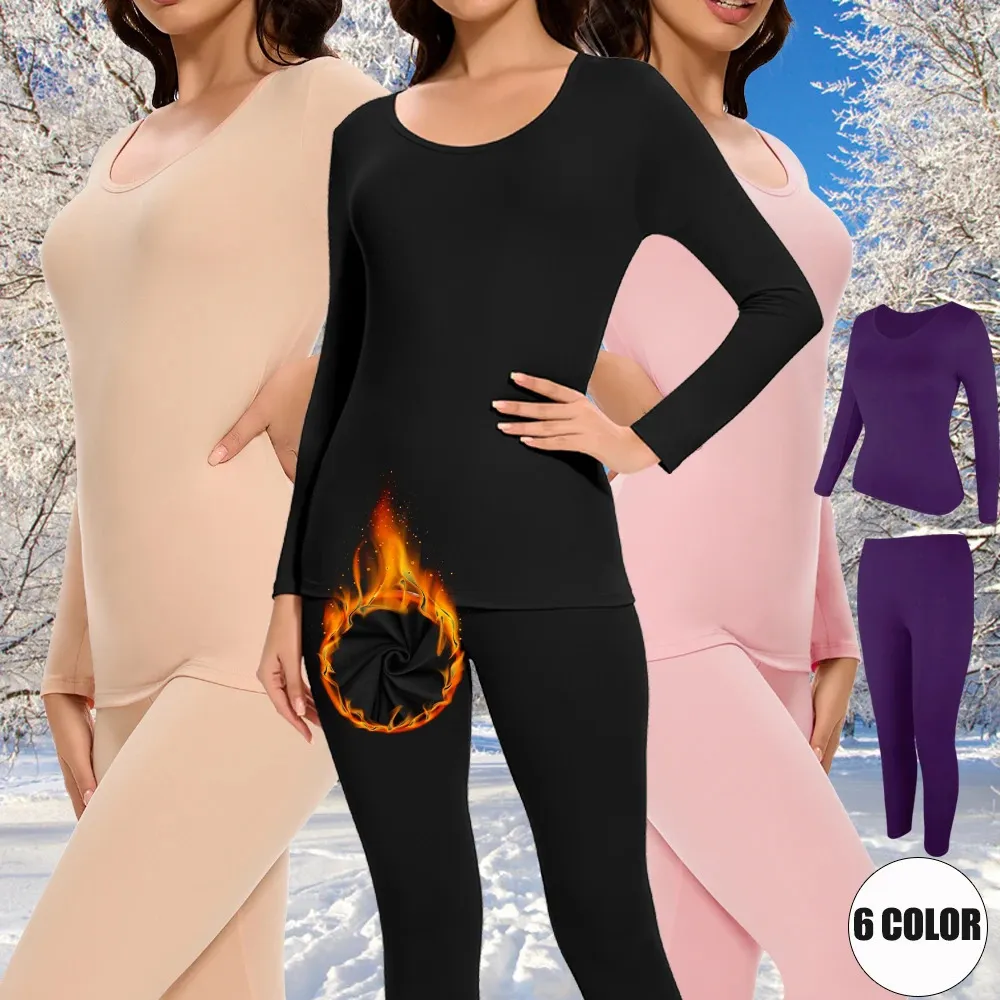 Womens Thermal Underwear Sets Plus Size Winter Thermal Underwear Suits: Long-Sleeved Tops & Pants - Soft, Comfortable Ladies Layer Clothing - 6 Colors