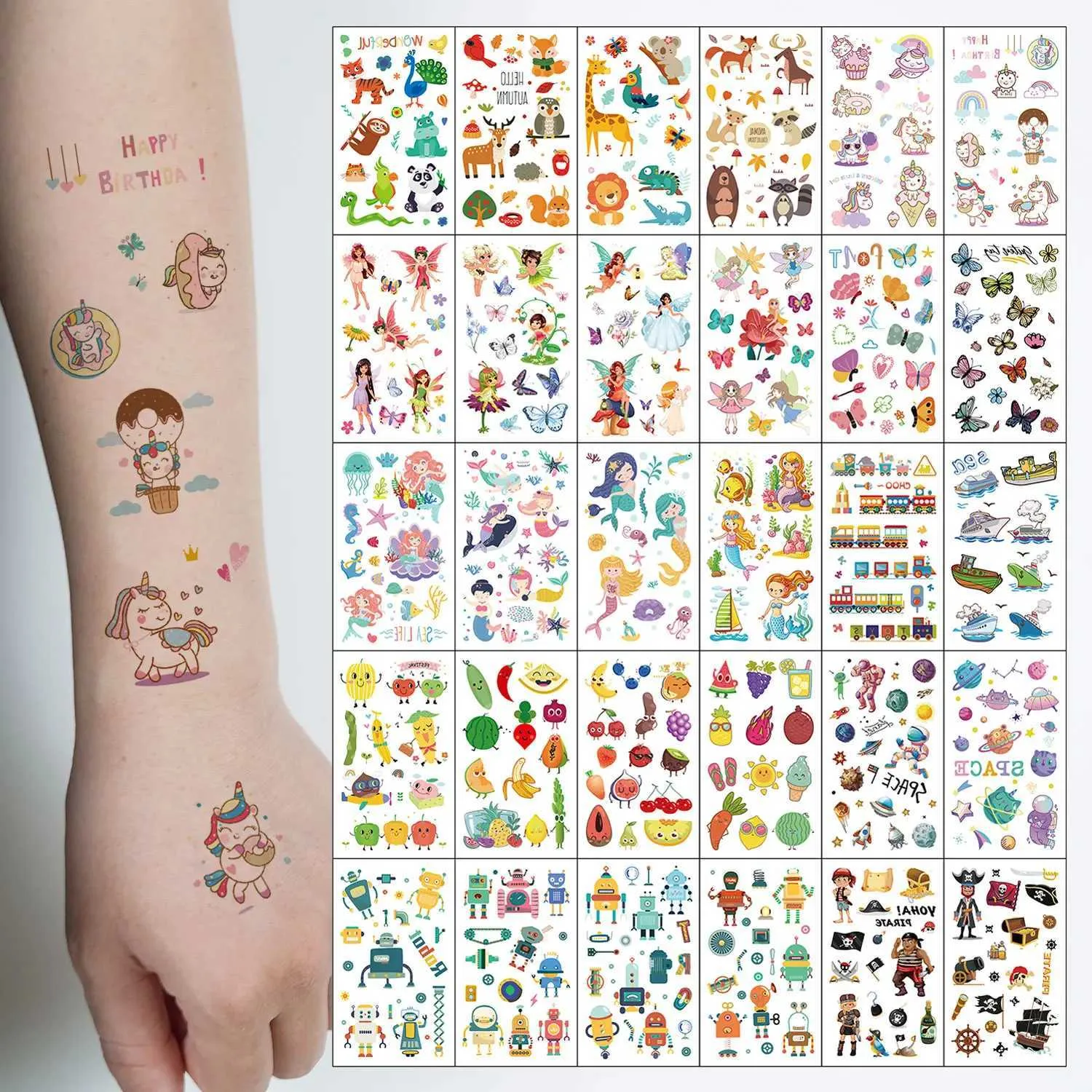 Cute Cartoon Stickers: Animal, Mermaid, Car, Ship, Space, Robot, Fruit, Pirate, Butterfly, Elf Theme Water Sticker Tattoo - Body Art Tattoo Stickers (30 Sheets)