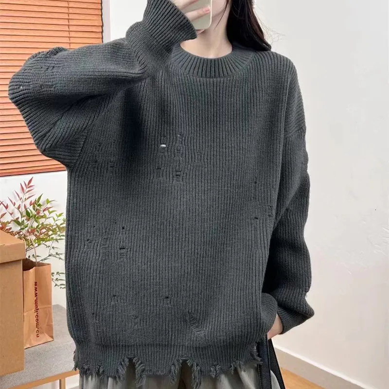 Loose Knit Pullover Sweater: Women's Round Neck Ripped Sweater, Korean Style Long Sleeve Knit Top for Autumn and Winter, Casual Scoop Neck Pullover Sweater