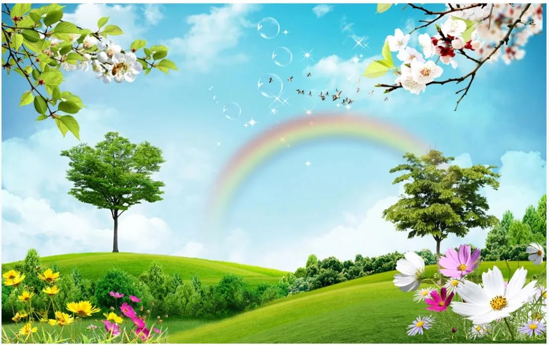 3D Wallpapers for Walls: Blue Sky White Cloud Grass Rainbow Scenery Wallpaper for TV Background Wall Decor