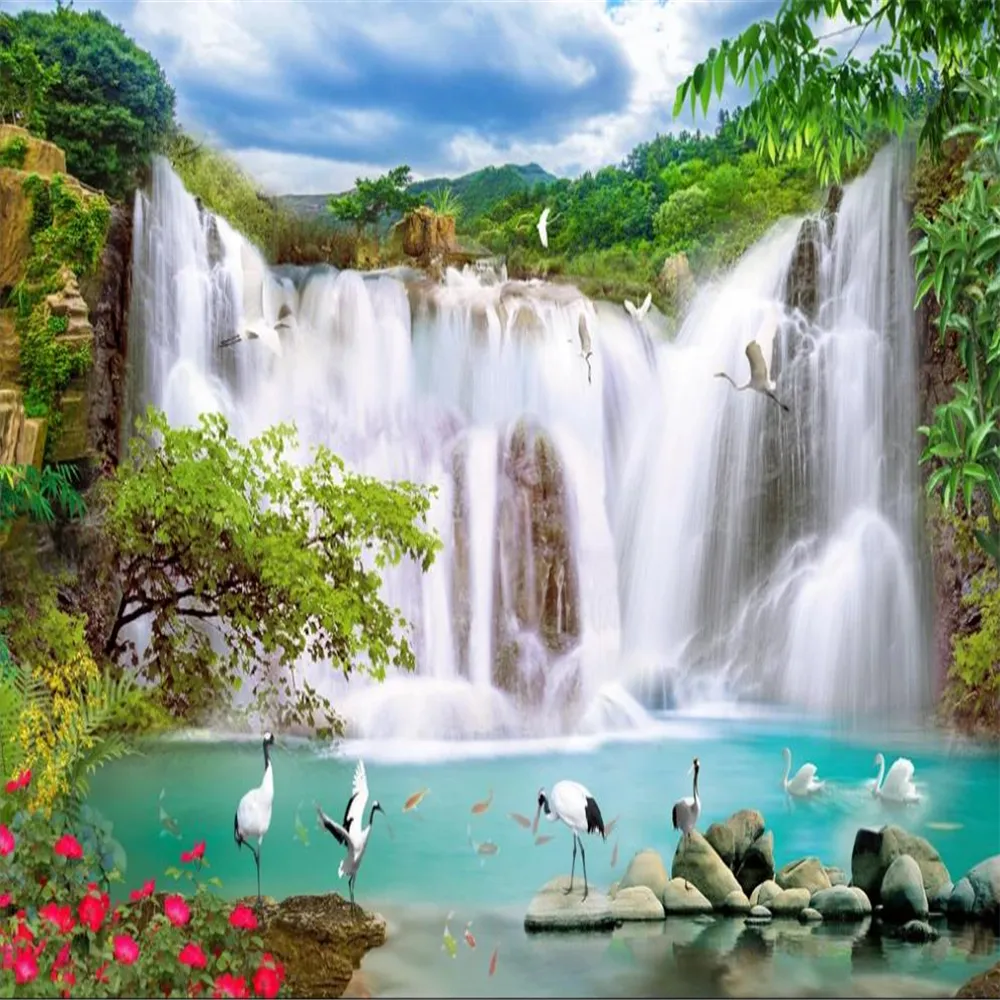 Immersive 3D Wallpapers for Walls - Scenic Blue Sky, Clouds, Mountains, and Waterfalls - Decorative TV Background Painting