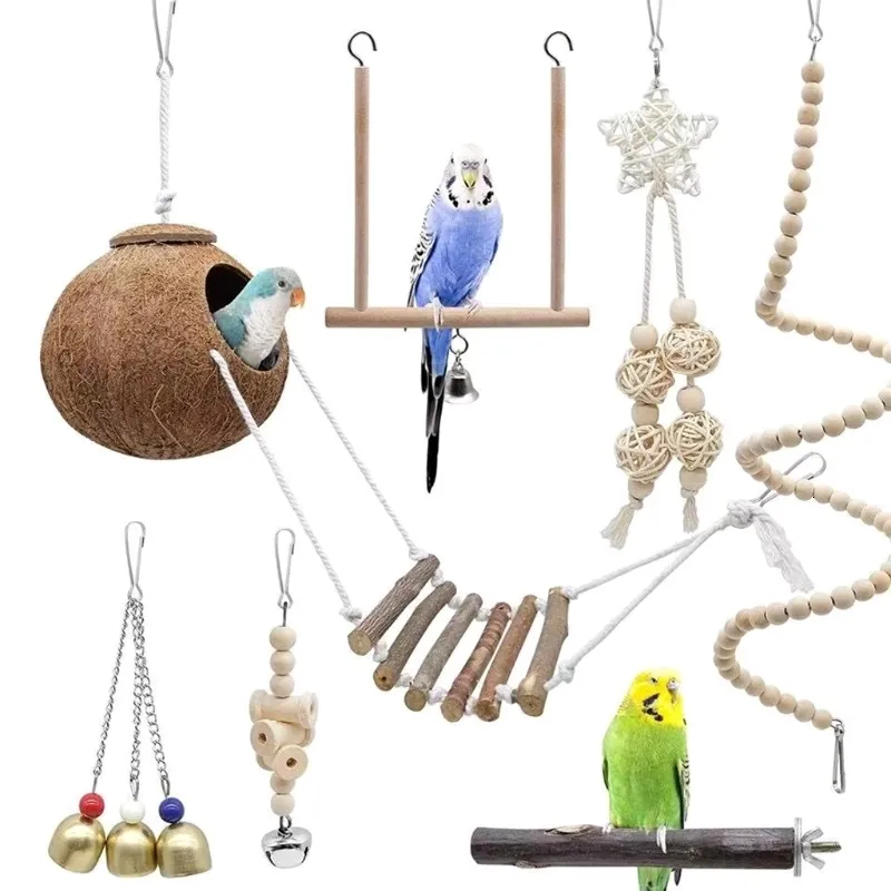 Parakeet Toys for Small Birds - 7 Piece Bird Activity Set with Coconut House, Swing, Ladder, Chewing Toy & Hanging Bells for Conures, Finches, Mynahs & Lovebirds