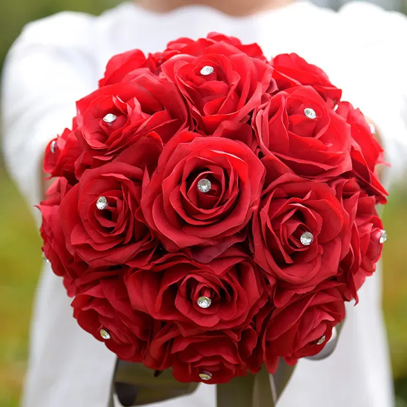 Artificial Crystal Bridal Bouquet, Romantic Red Rose Wedding Flowers, Home Decor