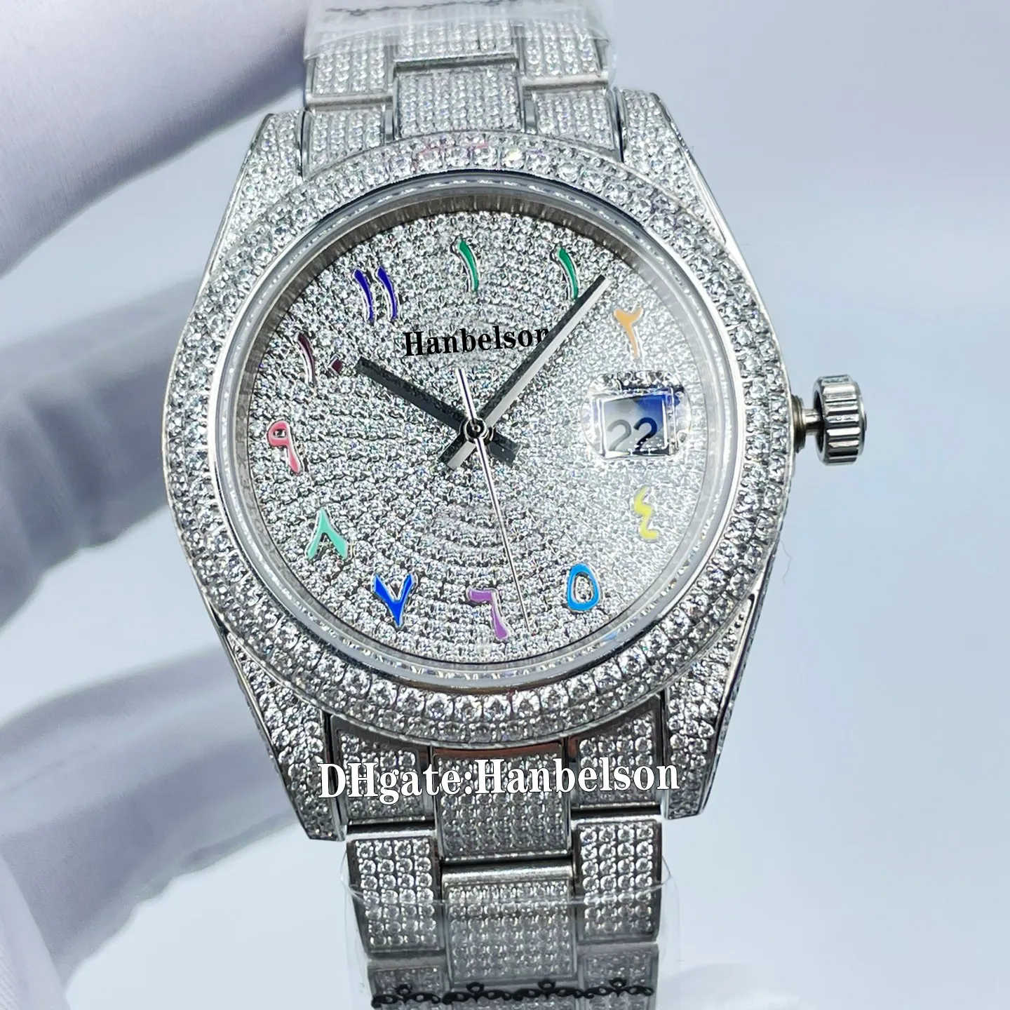 Arabic Numeral Watches: Iced Out Automatic Movement Wristwatch with Full Diamond Accents and Sapphire Crystal Glass