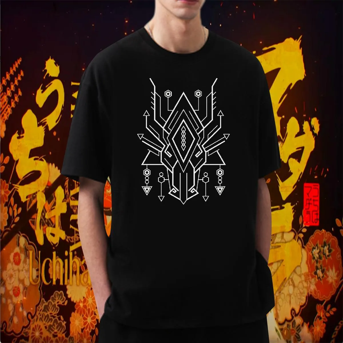 Mens Streetwear Tees - Geometric Graphic T-Shirt, 230g Cotton Hip Hop Shirts for Men, O-Neck Short Sleeve Top - Black & White