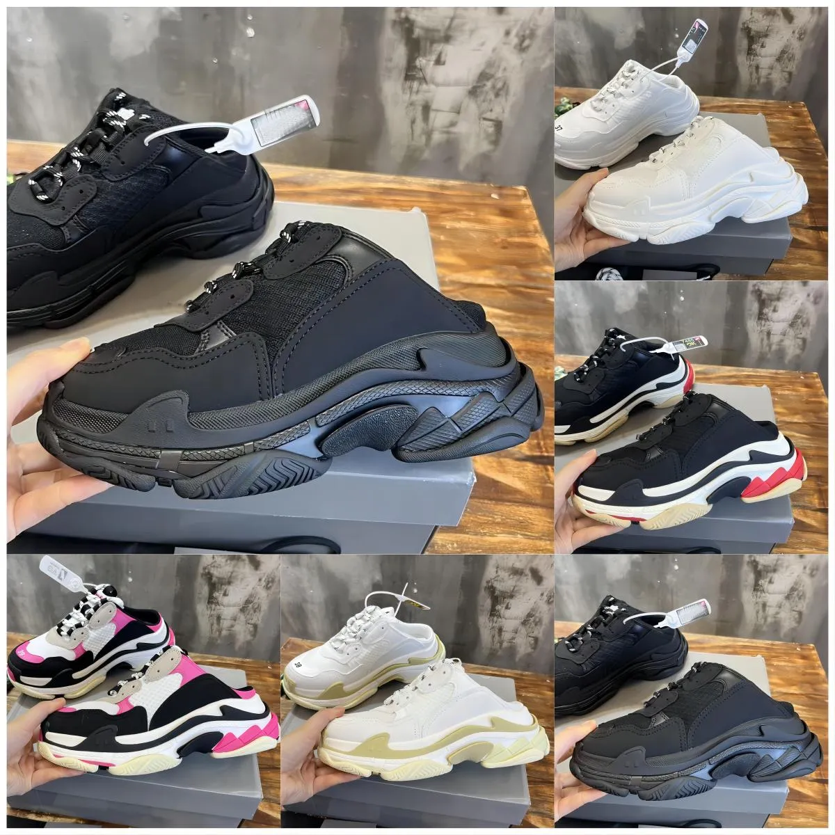 Triple S Mules: Designer Leather & Mesh Sneakers for Men & Women in Black, White, & Pink