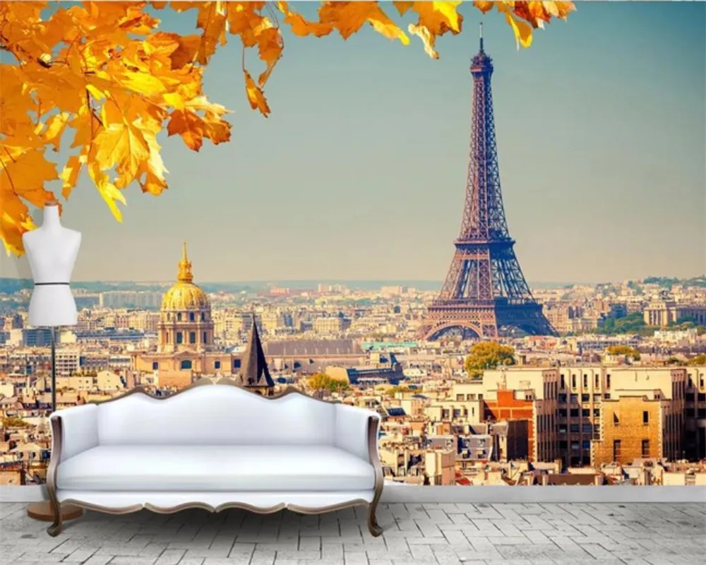 3D Flower Wallpaper, Romantic Cityscape Mural - European Style Silk Wallpaper with Eiffel Tower & Maple Leaves, Decorative Wall Art