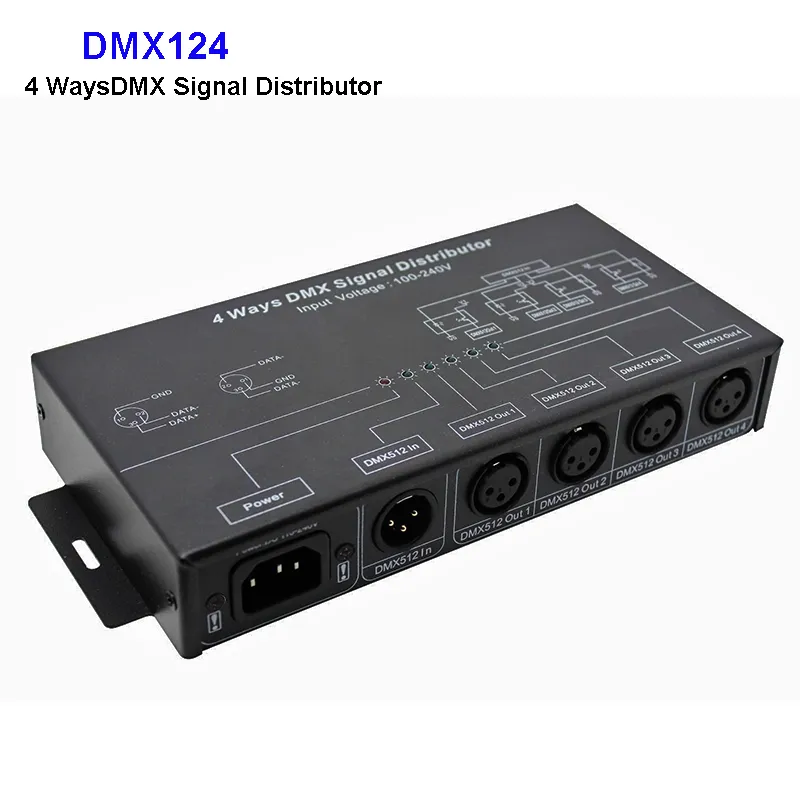 Auto 12V Splitter DMX512 Signal Amplifier: 4-Channel DMX Distributor with 4 Output Ports, AC100V-240V Input