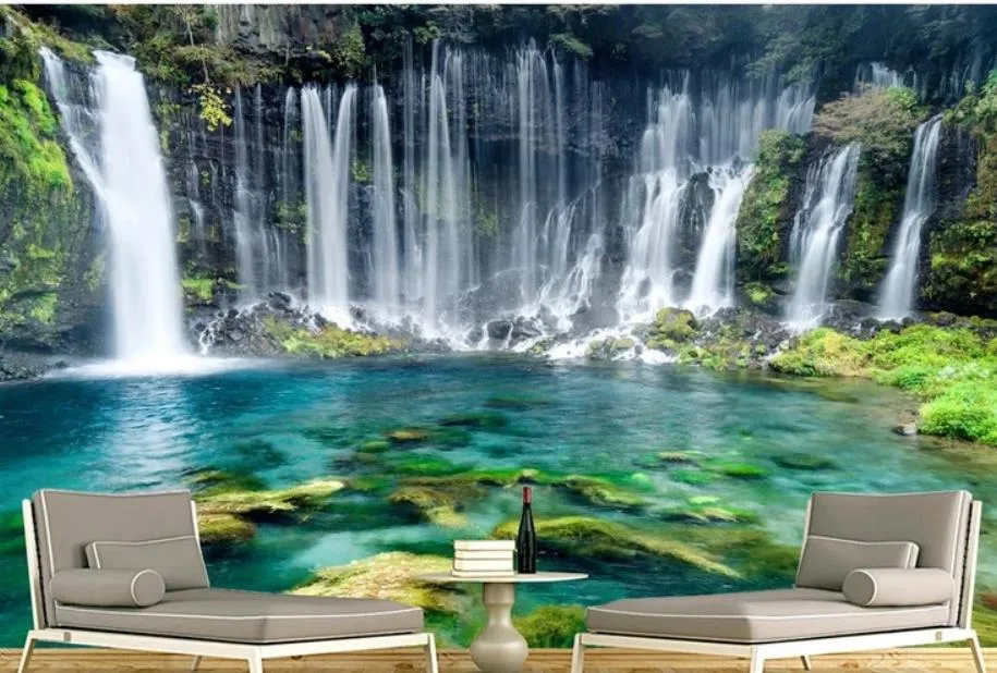 Green Landscape 3D Waterfall Wallpaper - Simple & Beautiful Wall Decor for Living Room